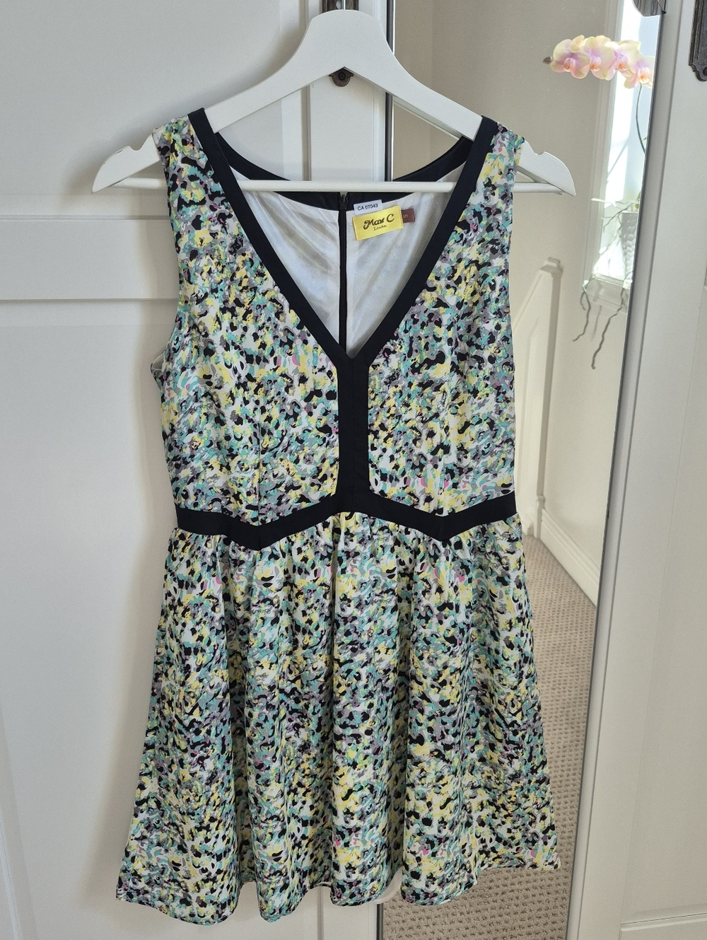 Max C  London Yellow Teal Black Splatter Paint Watercolour Mini Dress Small